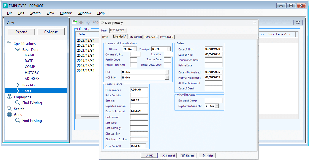 Participant History Cash Balance Screen